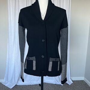 Patagonia Lambswool Blend Button Up Cardigan Sweater Black Striped Sleeves M